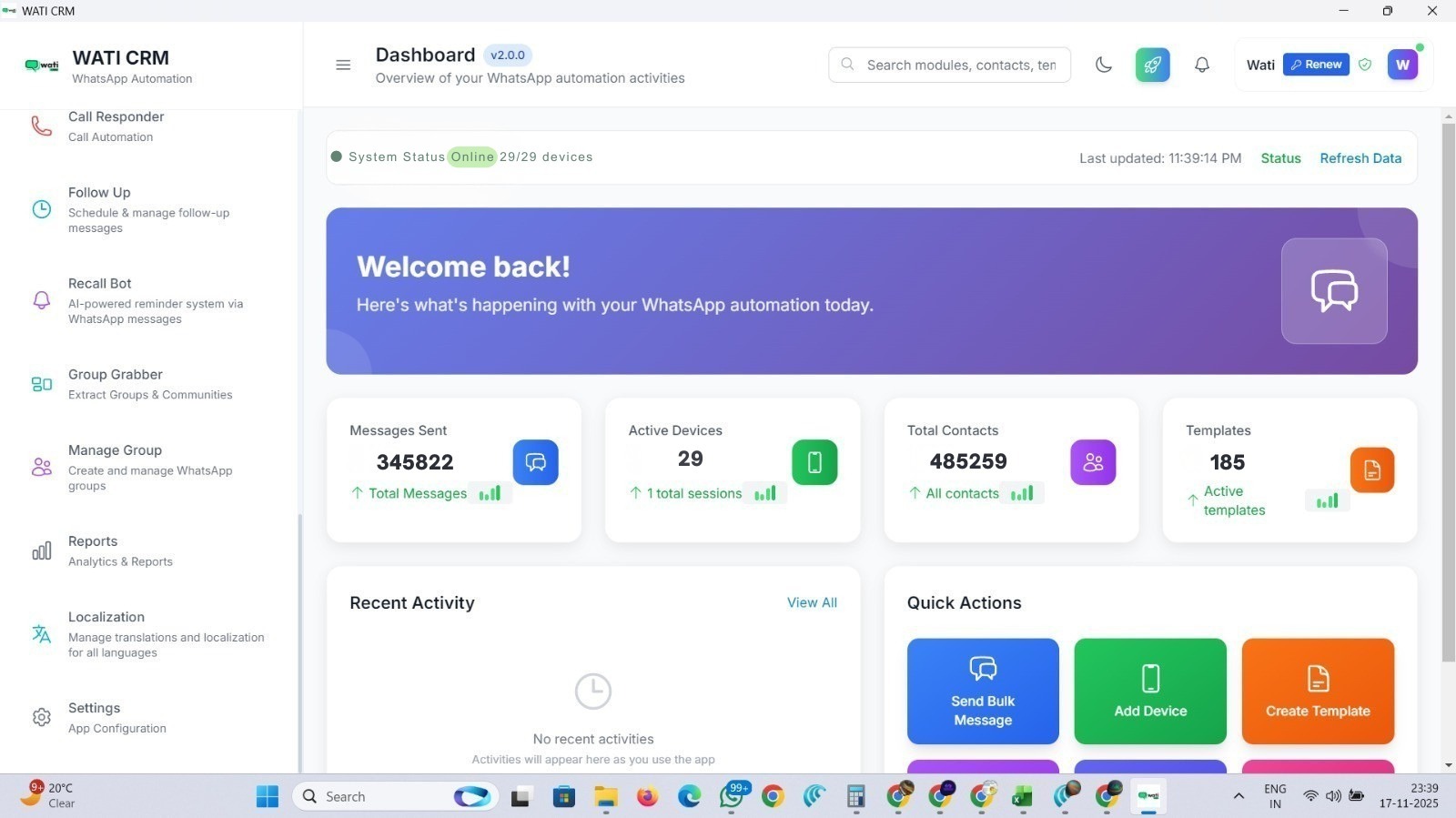 WatiCRM Dashboard Preview